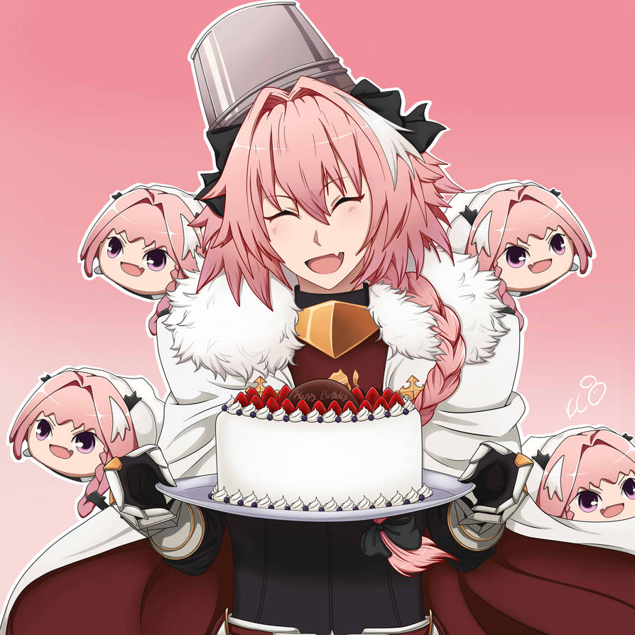 1boy, androgynous, astolfo_(fate), astolfo_(rider)_(fate), black_bow, black_sweater, bow, braid, bucket, bucket_on_head, cape, closed_eyes, commentary, english_commentary, fang, fate/apocrypha, fate_(series), fur-trimmed_cape, fur_trim, gauntlets, gorget, hair_bow, hair_intakes, haunted_astolfo_bean_plush, light_blush, long_hair, male_focus, multicolored_hair, object_on_head, open_mouth, phoenixcat2497, pink_background, pink_hair, signature, single_braid, skin_fang, smile, solo, streaked_hair, stuffed_toy, sweater, two-sided_cape, two-sided_fabric, white_cape, white_hair