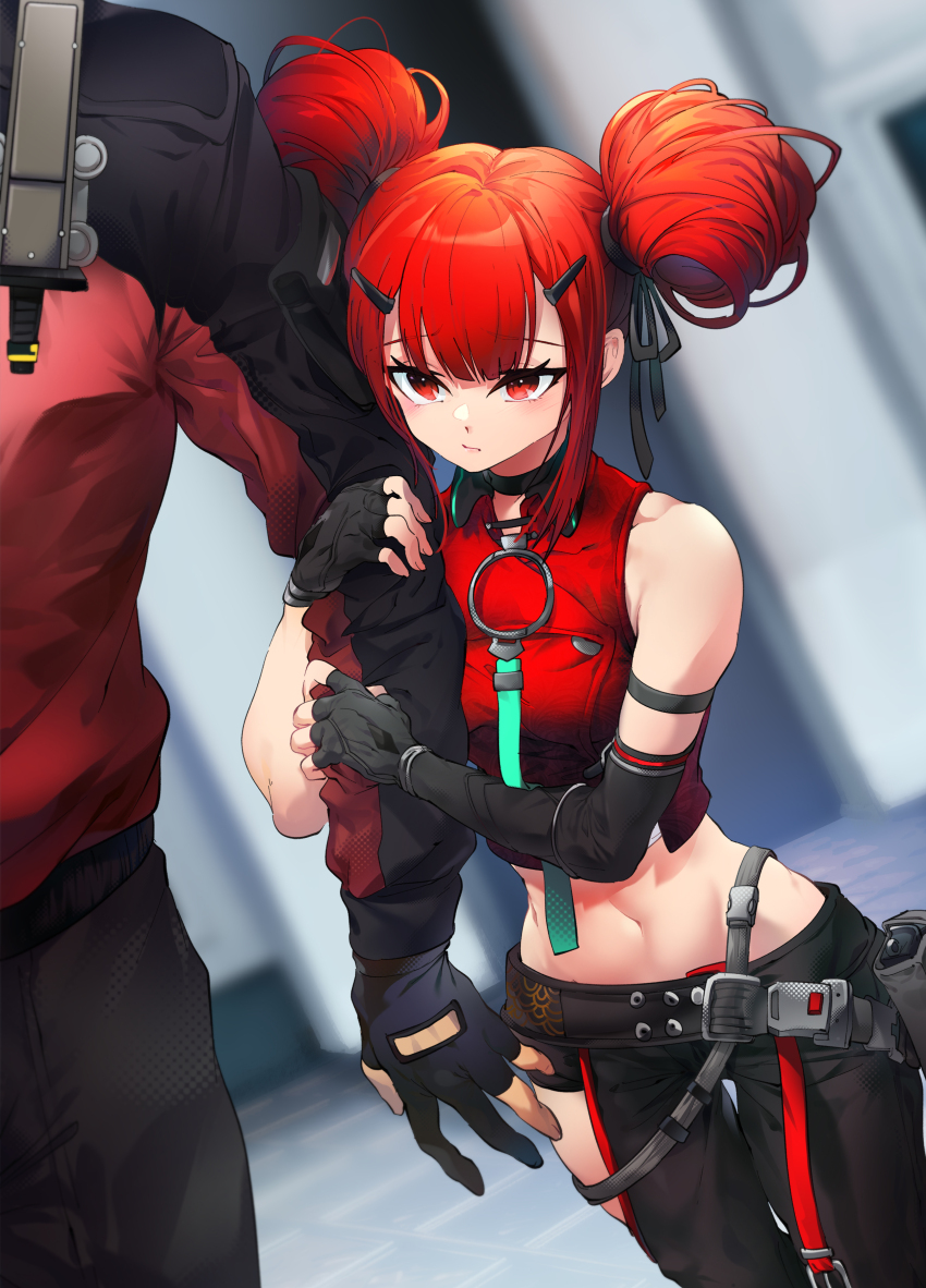 1boy, 1girl, :/, absurdres, arm_hug, asymmetrical_gloves, bare_shoulders, black_gloves