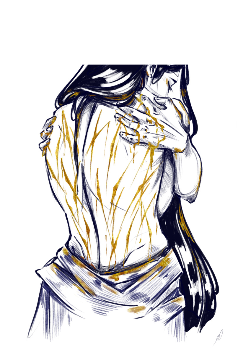 1boy, alifreeart, black_hair, blood, blood_in_hair, blood_on_back, blood_on_clothes, blood_on_hands, border, chinese_clothes, commentary, dripping, english_commentary, eyeliner, gold, gold_blood, hanfu, high_contrast, highres, lan_wangji, long_hair, looking_down, makeup, male_focus, modao_zushi, monochrome, multiple_scars, partially_undressed, scar, scar_on_back, self_hug, simple_background, solo, upper_body, very_long_hair, white_background, white_border, white_hanfu