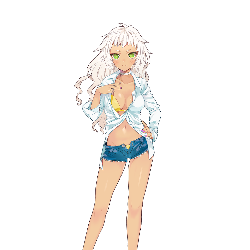 1girl, bikini, breasts, choker, commentary_request, dark-skinned_female, dark_skin, denim