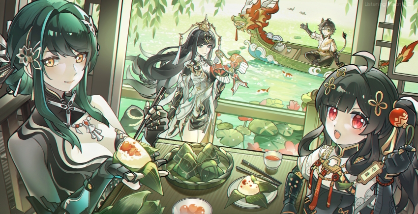 1boy, 3girls, :d, absurdres, ahoge, artist_name, asymmetrical_bangs, baggy_pants, bare_legs, bird, black_dress, black_eyes, black_hair, black_pants, blush, boat, bowl, bracelet, breasts, chair, changyu:_qilin_(ginkgo_ridge)_(pgr), changyu_(pgr), charm_(object), chinese_clothes, chinese_commentary, chopsticks, cleavage, commentary_request, cup, dragon_boat, dragon_boat_festival, dress, egg_yolk, fish, floating_hair, flower, flower_hairclip, food, gold_necklace, green_eyes, green_hair, guan_hat, hair_intakes, hanying:_solacetune_(pgr), hanying_(pgr), highres, holding, holding_charm, holding_chopsticks, holding_food, holding_kite, horns, jewelry, kite, koi, lantern_hair_ornament, long_hair, looking_at_viewer, lotus, lotus_leaf, mandarin_collar, mechanical_arms, multiple_girls, necklace, official_alternate_costume, one_eye_closed, open_mouth, pants, plate, pond, pulao:_dragontoll_(pgr), pulao_(pgr), punishing:_gray_raven, qu:_shukra_(pgr), qu_(pgr), railing, red_eyes, ripples, shirt, short_hair, single_bare_arm, single_horn, sitting, smile, table, tail, teacup, teapot, teeth, ting_zhi_yue, two-tone_dress, updo, upper_teeth_only, very_long_hair, water, watercraft, white_dress, white_shirt, willow, yellow_eyes, zongzi