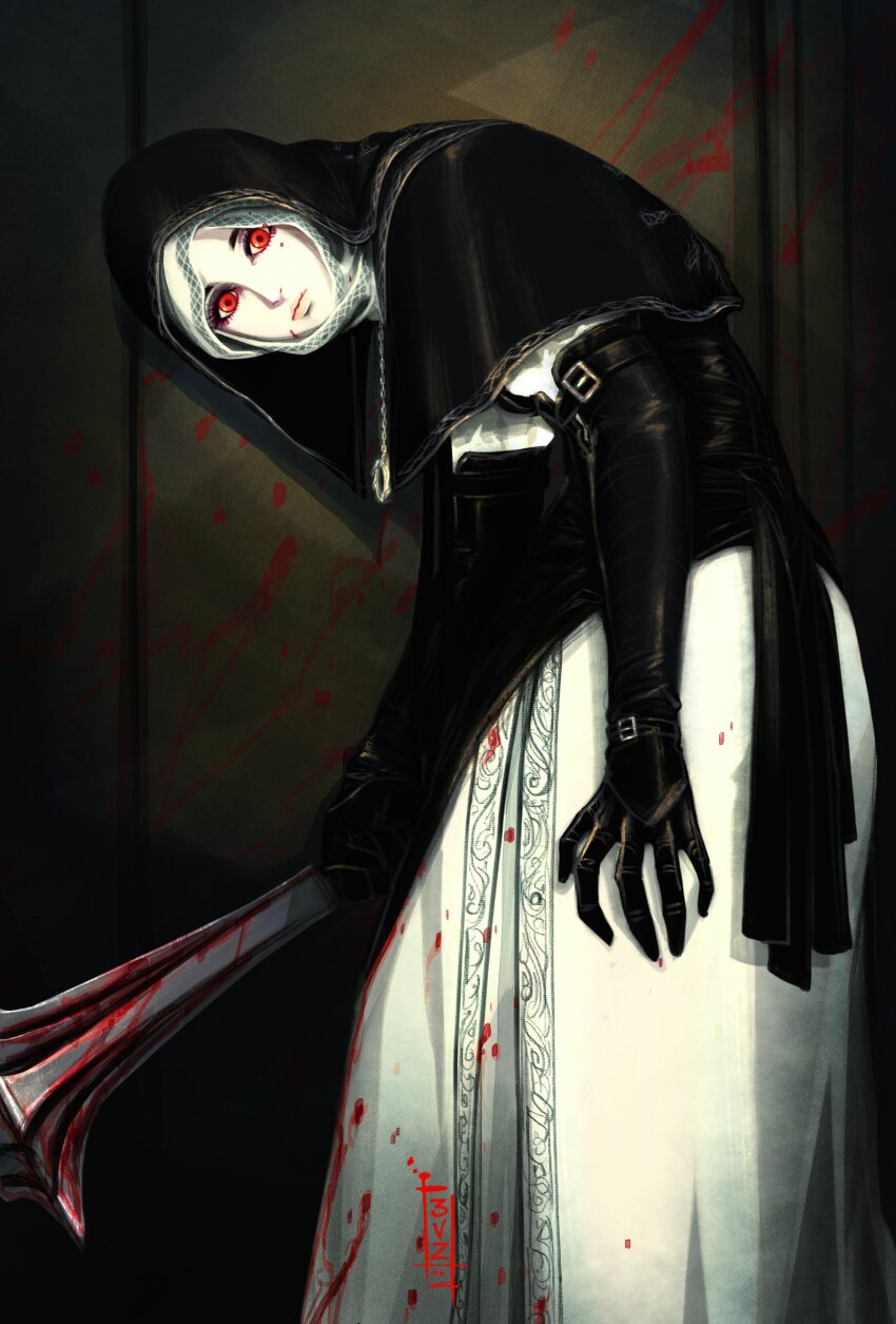 1girl, bent_over, black_capelet, black_gloves, black_hood, blood, blood_on_clothes, blood_on_face