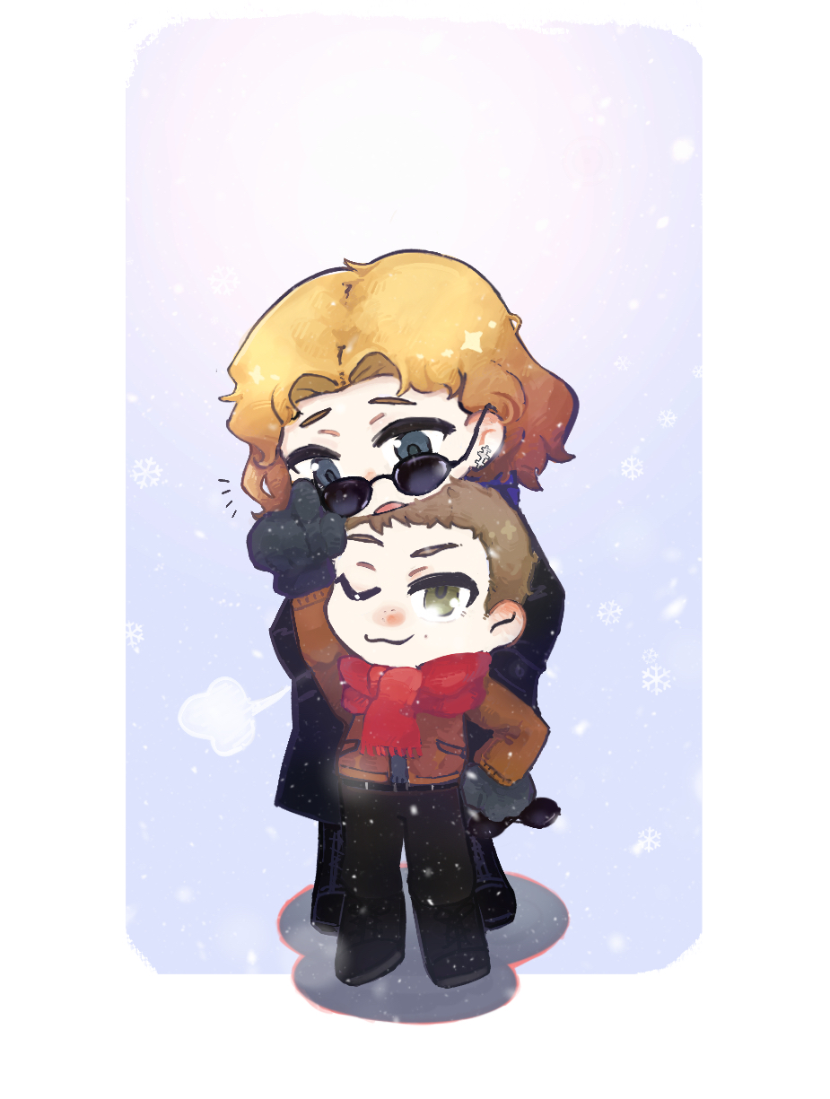 +++, 2boys, :o, ;3, a1binos1ug, adjusting_another's_eyewear, animification, arm_up, belt, black-framed_eyewear, black_belt, black_boots, black_coat, black_gloves, black_pants, blonde_hair, blue_background, blue_eyes, boots, border, breath, brown_hair, brown_jacket, buzz_cut, chibi, chibi_only, closed_mouth, coat, commentary_request, curtained_hair, dylan_klebold, eric_harris, eye_contact, from_above, full_body, gloves, green_eyes, hair_behind_ear, hand_on_own_hip, hands_in_pockets, height_difference, highres, jacket, knee_boots, long_sleeves, looking_at_another, looking_down, looking_up, male_focus, mole, mole_under_eye, multiple_boys, notice_lines, one_eye_closed, open_clothes, open_jacket, open_mouth, outside_border, pants, raised_eyebrows, real_life, red_scarf, scarf, shadow, short_hair, simple_background, standing, sunglasses, trench_coat, very_short_hair, white_border