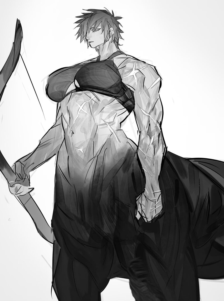 1girl, bow_(weapon), centaur, commentary, cowboy_shot, grey_background, greyscale, highres