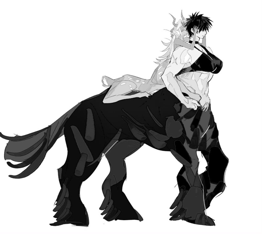 2girls, centaur, centauroid, deer_girl, full_body, greyscale, hands_in_another's_hair, highres, horns, horseback_riding, long_hair, monochrome, monster_girl, multiple_girls, muscular, muscular_female, original, riding, s_xing_guowang, short_hair, simple_background, taur, white_background, yuri