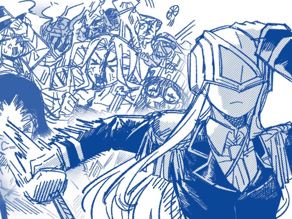 1girl, black_jacket, bleeding, blood, collared_shirt, commentary_request, crying, crying_with_eyes_open, epaulettes, fbiwawbdab2829m, gloves, helmet, holding, holding_sword, holding_weapon, jacket, juiz_(undead_unluck), long_hair, long_sleeves, meme, multiple_others, naoya_hitting_choso_without_looking_(meme), necktie, shirt, sword, tears, uma_(undead_unluck), undead_unluck, weapon, white_background, white_shirt