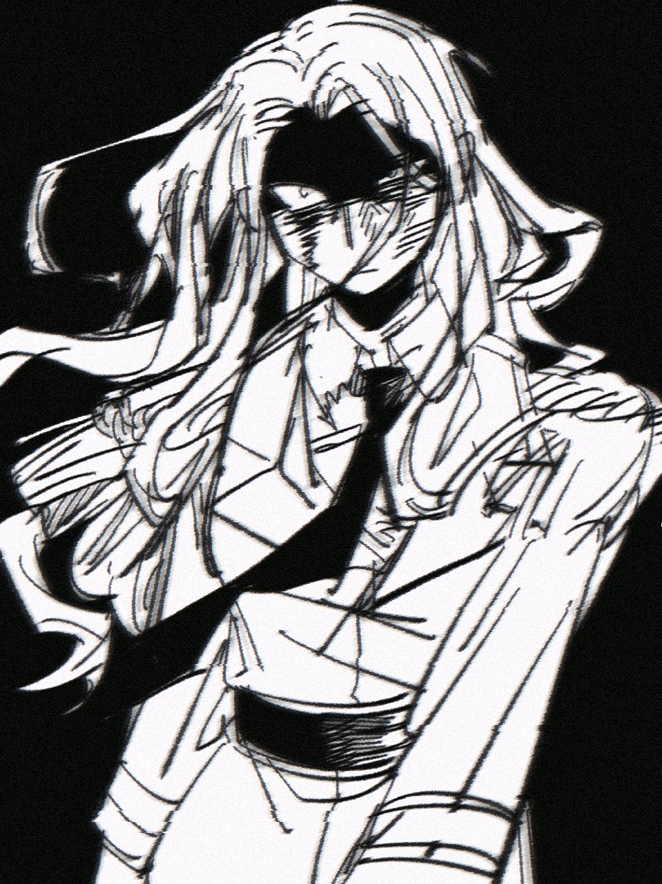 1girl, black_background, bleeding, blood, blood_on_face, collared_shirt, commentary_request, epaulettes, fbiwawbdab2829m, greyscale, highres, jacket, juiz_(undead_unluck), long_hair, long_sleeves, monochrome, necktie, shaded_face, shirt, undead_unluck