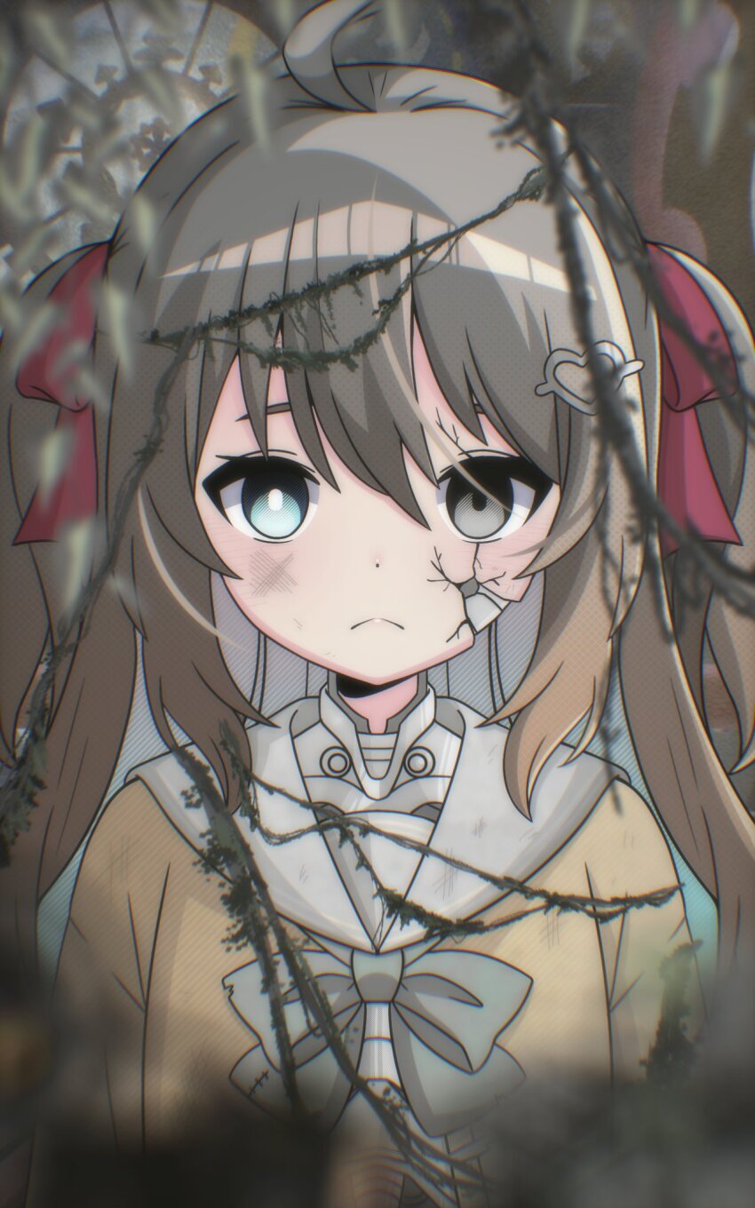 1girl, ahoge, ahoge-tan, blue_eyes, blurry, blurry_foreground, bow, bowtie