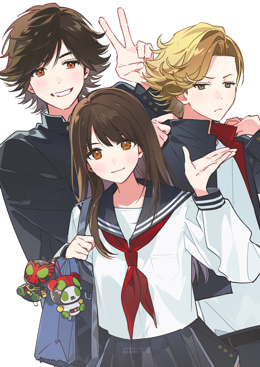 1girl, 2boys, absurdres, animification, ankh_(ooo), bag, black_jacket, breast_pocket