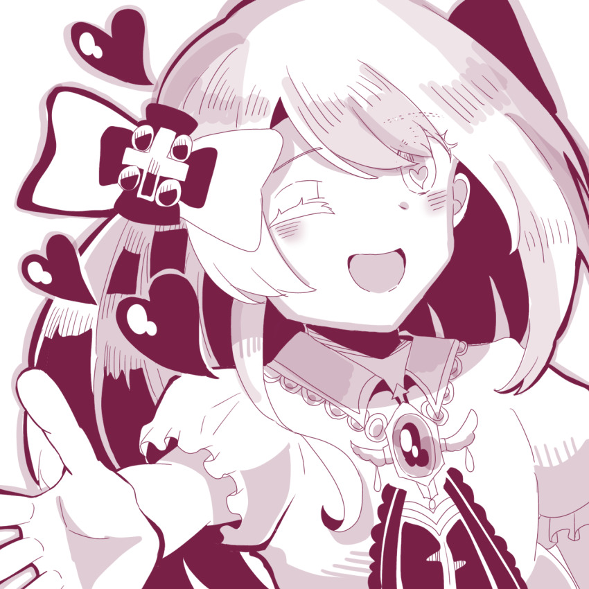 1girl, bad_id, bad_pixiv_id, chaos_marie_(grimms_notes), grimms_notes, long_hair, monochrome, odai_0715, smile, solo