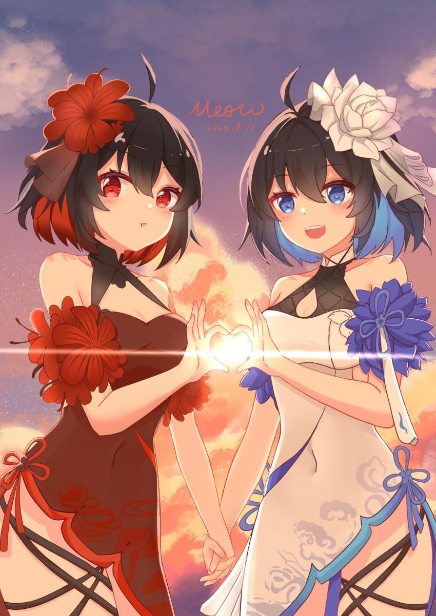 2girls, absurdres, ahoge, artist_name, bare_shoulders, black_hair, blue_eyes, blue_sky