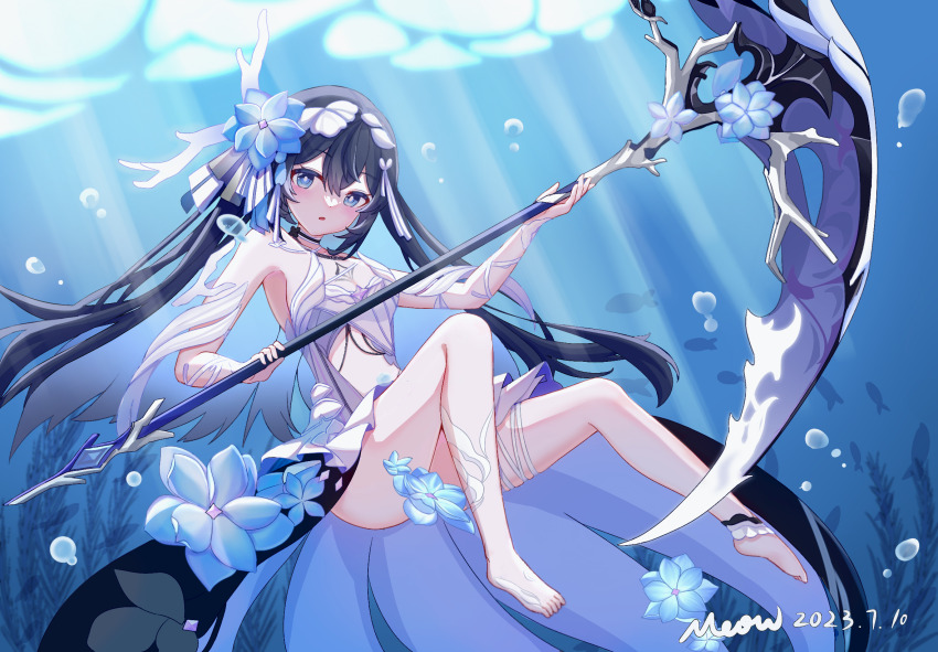 1girl, artist_name, bare_shoulders, barefoot, blue_eyes, blue_hair, breasts, chest_tattoo