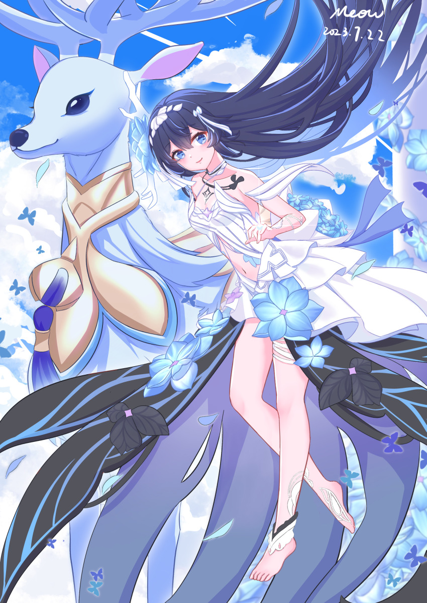 1girl, absurdres, artist_name, barefoot, blue_eyes, blue_hair, blue_sky, breasts