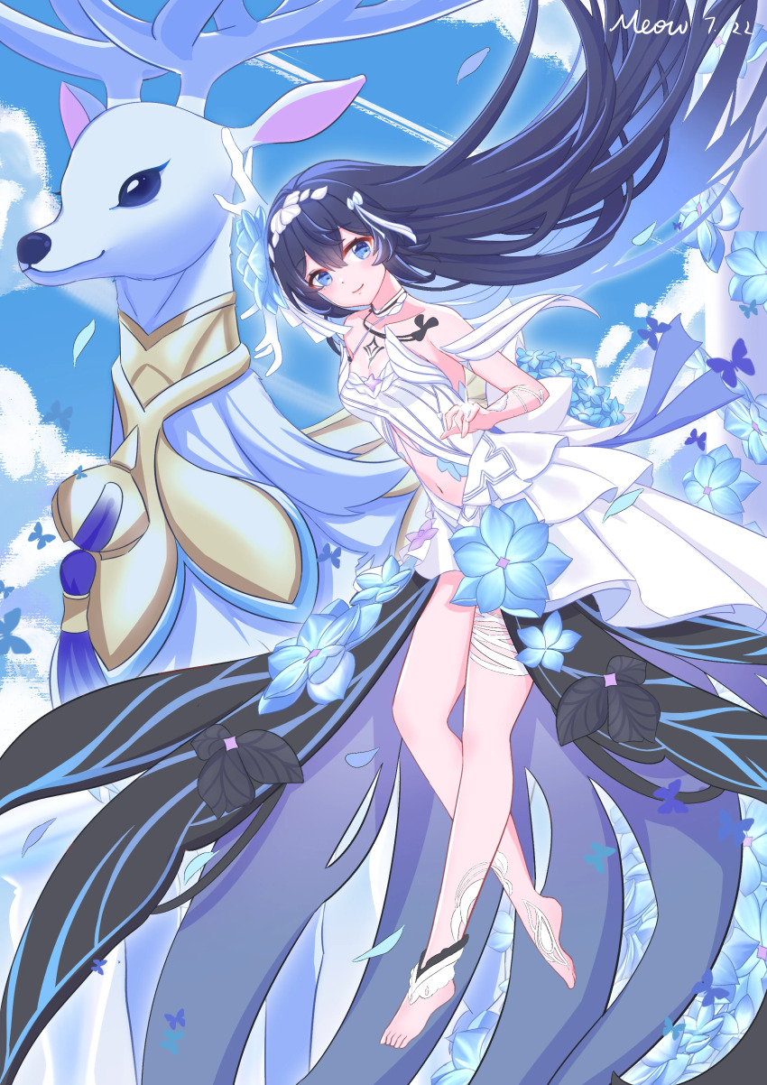 1girl, absurdres, artist_name, barefoot, blue_eyes, blue_hair, blue_sky, breasts