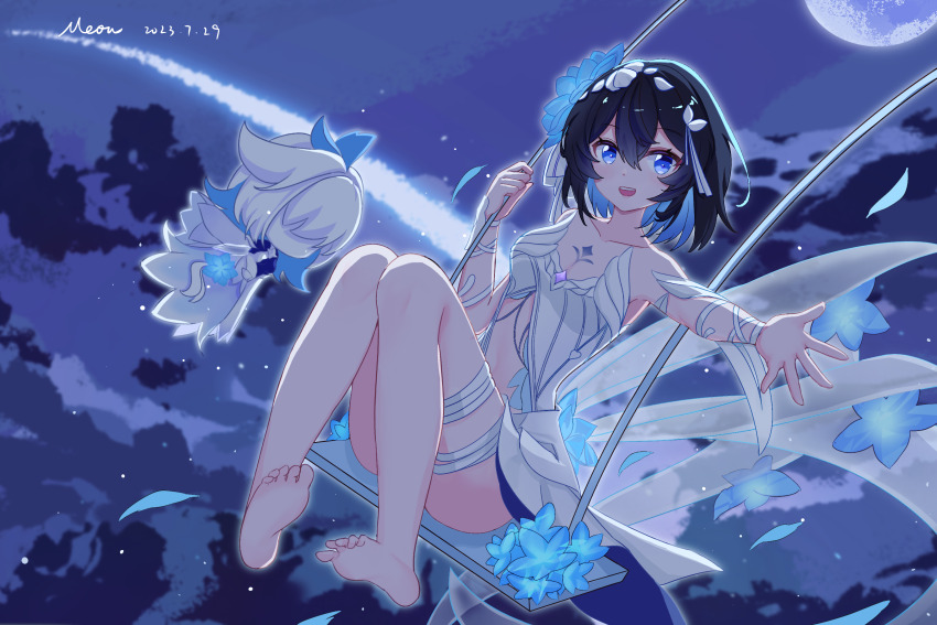 1girl, artist_name, bandaged_leg, bandages, bare_shoulders, barefoot, black_hair, blue_eyes