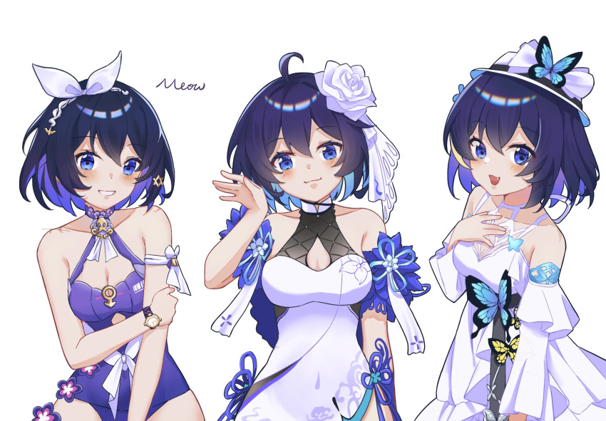 3girls, ahoge, artist_name, bare_shoulders, blue_hair, breasts, chinese_commentary, cleavage