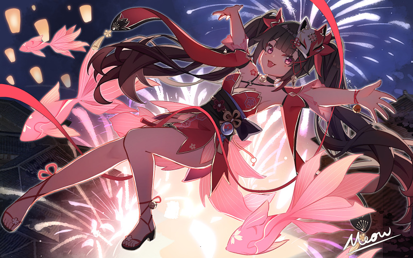 1girl, architecture, artist_name, black_hair, breasts, chinese_commentary, commentary_request, dress, east_asian_architecture, fireworks, fish, flower_tattoo, flying_fish, fox_mask, highres, honkai:_star_rail, honkai_(series), japanese_clothes, lantern, long_hair, mask, mask_on_head, meow_maolai, night, open_mouth, outdoors, paper_lantern, red_dress, salmon, sandals, sky_lantern, small_breasts, smile, solo, sparkle_(honkai:_star_rail), tattoo, thighs, toes, twintails, very_long_hair