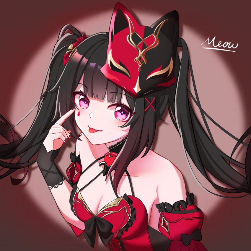 1girl, artist_name, bare_shoulders, black_hair, breasts, chinese_commentary, cleavage, commentary_request