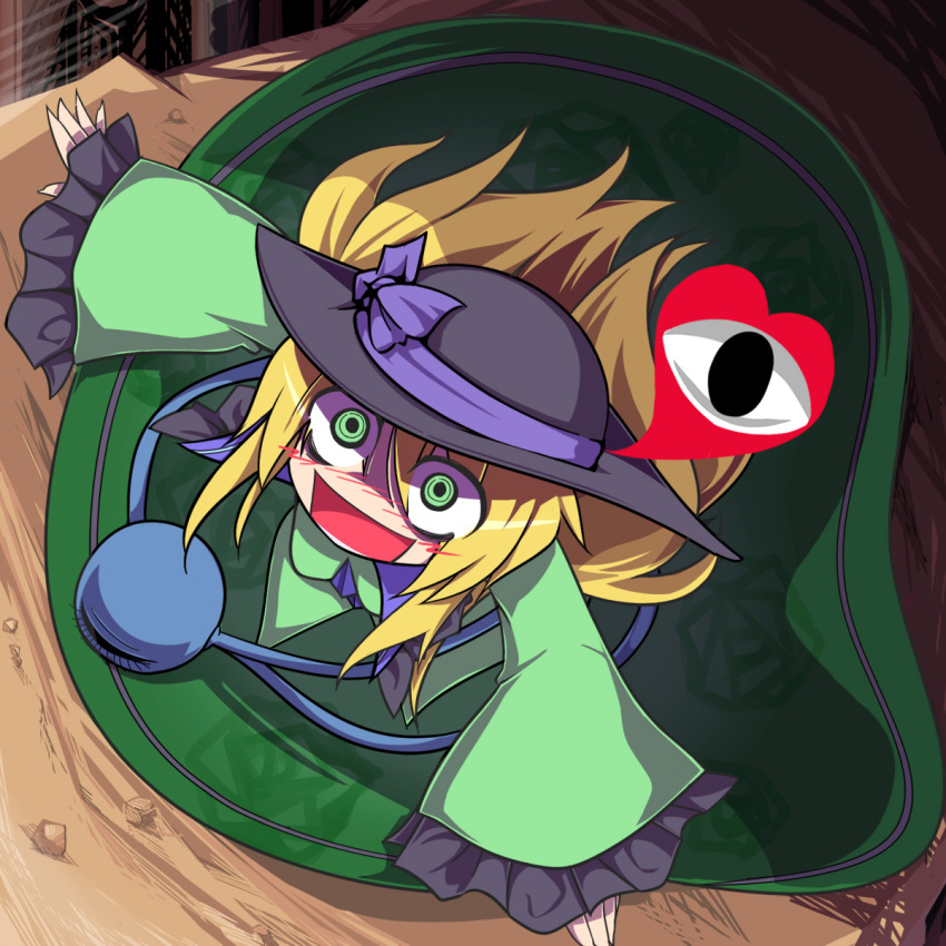 1girl, blonde_hair, blush, bow, dress, eyeball, female_focus, from_above