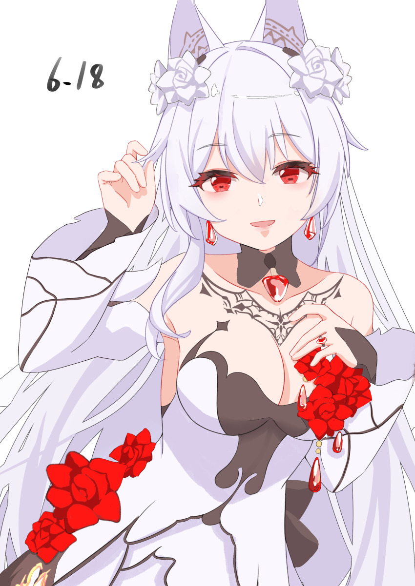 1girl, absurdres, animal_ears, bare_shoulders, bat_ears, breasts, chinese_commentary, cleavage, commentary_request, dated, detached_sleeves, dress, earrings, flower, hair_flower, hair_ornament, highres, honkai_(series), honkai_impact_3rd, jewelry, large_breasts, long_hair, looking_at_viewer, luna_(honkai_impact), luna_(till_death_do_us_part)_(honkai_impact), meow_maolai, red_eyes, simple_background, smile, solo, very_long_hair, white_background, white_dress, white_hair