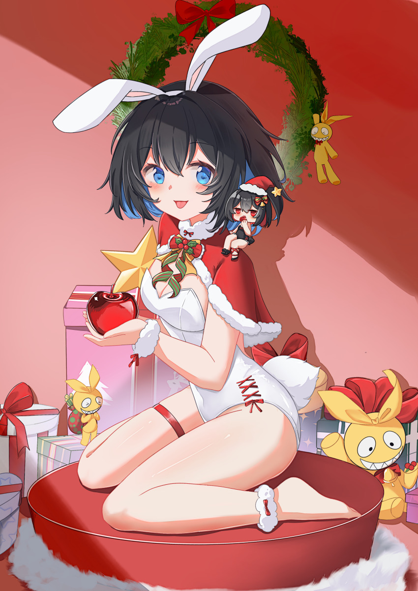 2girls, absurdres, alternate_costume, animal_ears, apple, barefoot, black_hair, blue_eyes