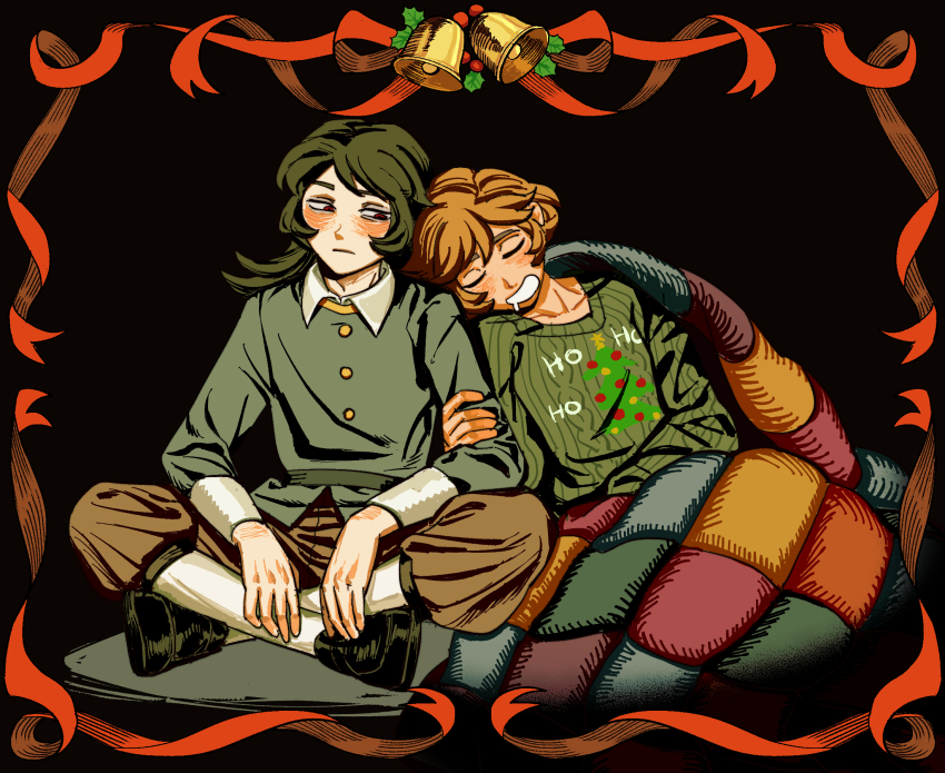 1boy, 1girl, abaddon_(haunted_hotel), black_background, blanket, blush, christmas, closed_eyes