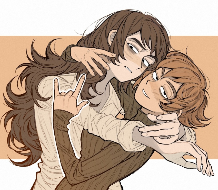 1boy, 1girl, \m/, abaddon_(haunted_hotel), aged_up, black_eyes, brown_hair, brown_sweater