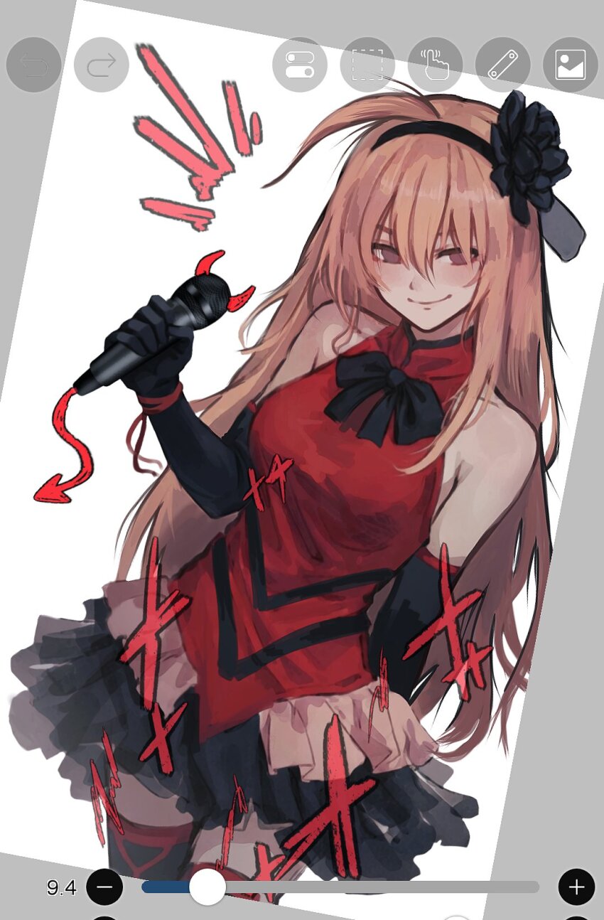 1girl, ahoge, art_program_in_frame, black_gloves, black_hairband, black_skirt, black_souls, black_souls_2