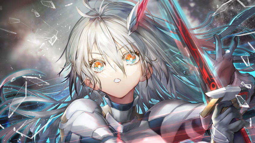 1girl, armor, blue_eyes, broken_glass, duel_monster, glass, grey_armor, grey_hair