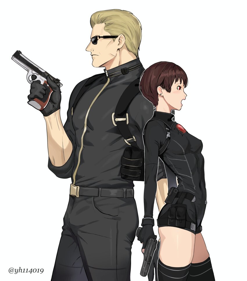 1boy, 1girl, absurdres, albert_wesker, back-to-back, bad_id, bad_twitter_id, black_bodysuit, black_gloves, black_pants, black_shirt, black_thighhighs, blonde_hair, bodysuit, breasts, brown_hair, closed_mouth, from_side, gloves, gun, handgun, highres, holding, holding_gun, holding_weapon, muscular, muscular_male, official_alternate_costume, open_mouth, pants, profile, rebecca_chambers, rebecca_chambers_(team_wesker), red_eyes, resident_evil, resident_evil_0, shirt, short_hair, simple_background, standing, sunglasses, thighhighs, twitter_username, weapon, white_background, yh114019