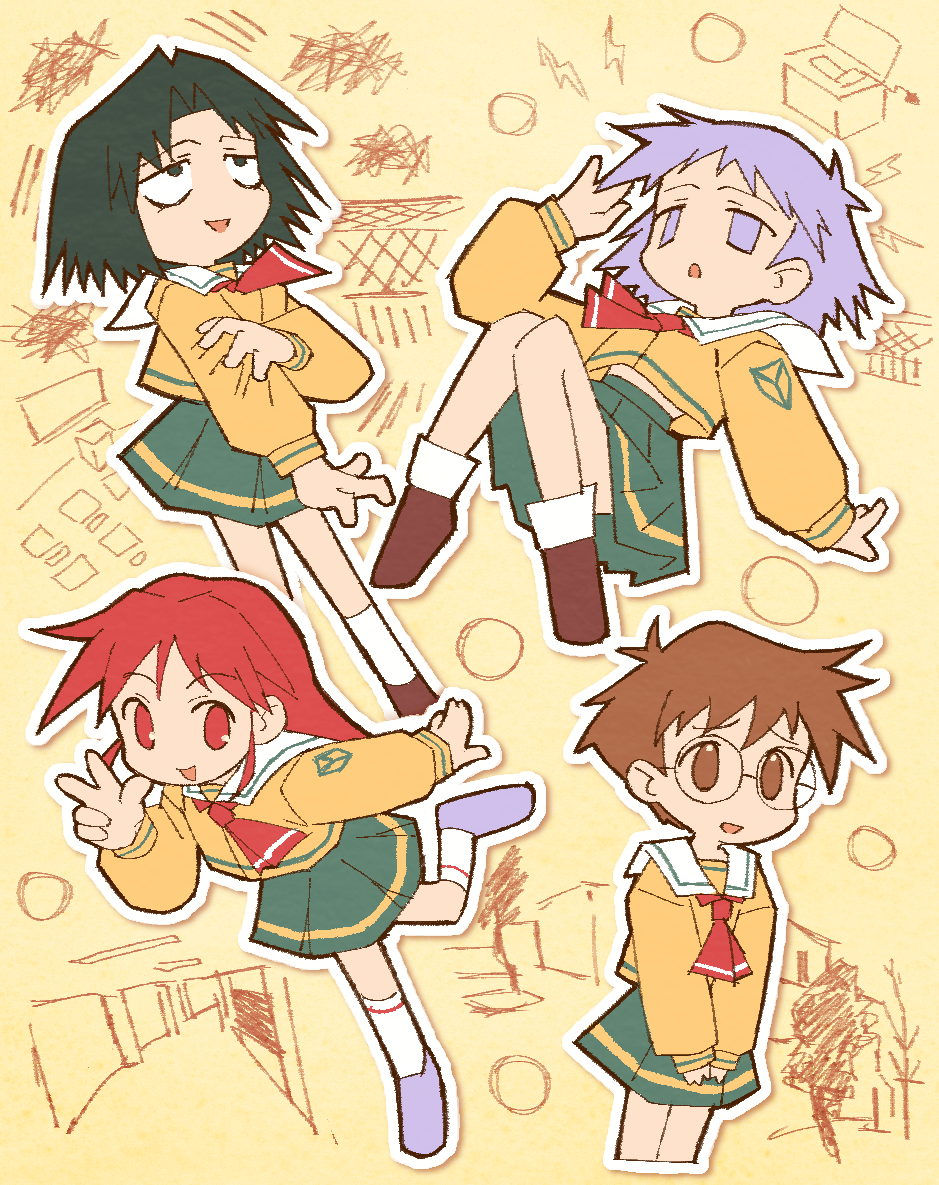 4girls, aihara_mizuho, ascot, blue_eyes, blue_hair, brown_eyes, brown_hair, brown_shoes