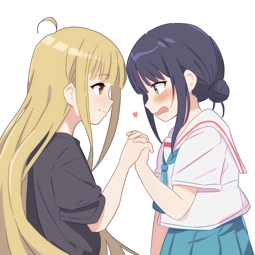 2girls, absurdres, ahoge, black201_wav, blonde_hair, blue_neckerchief, blue_skirt, blush