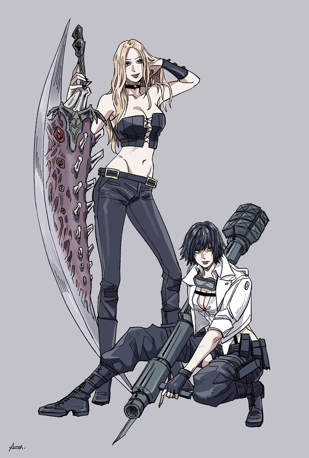 2girls, azuma_xoxo_9, black_choker, black_gloves, black_jacket, black_pants, blonde_hair, choker