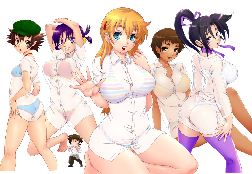 1boy, 5girls, arms_up, ass, bell, bikini, bikini_under_clothes, blonde_hair