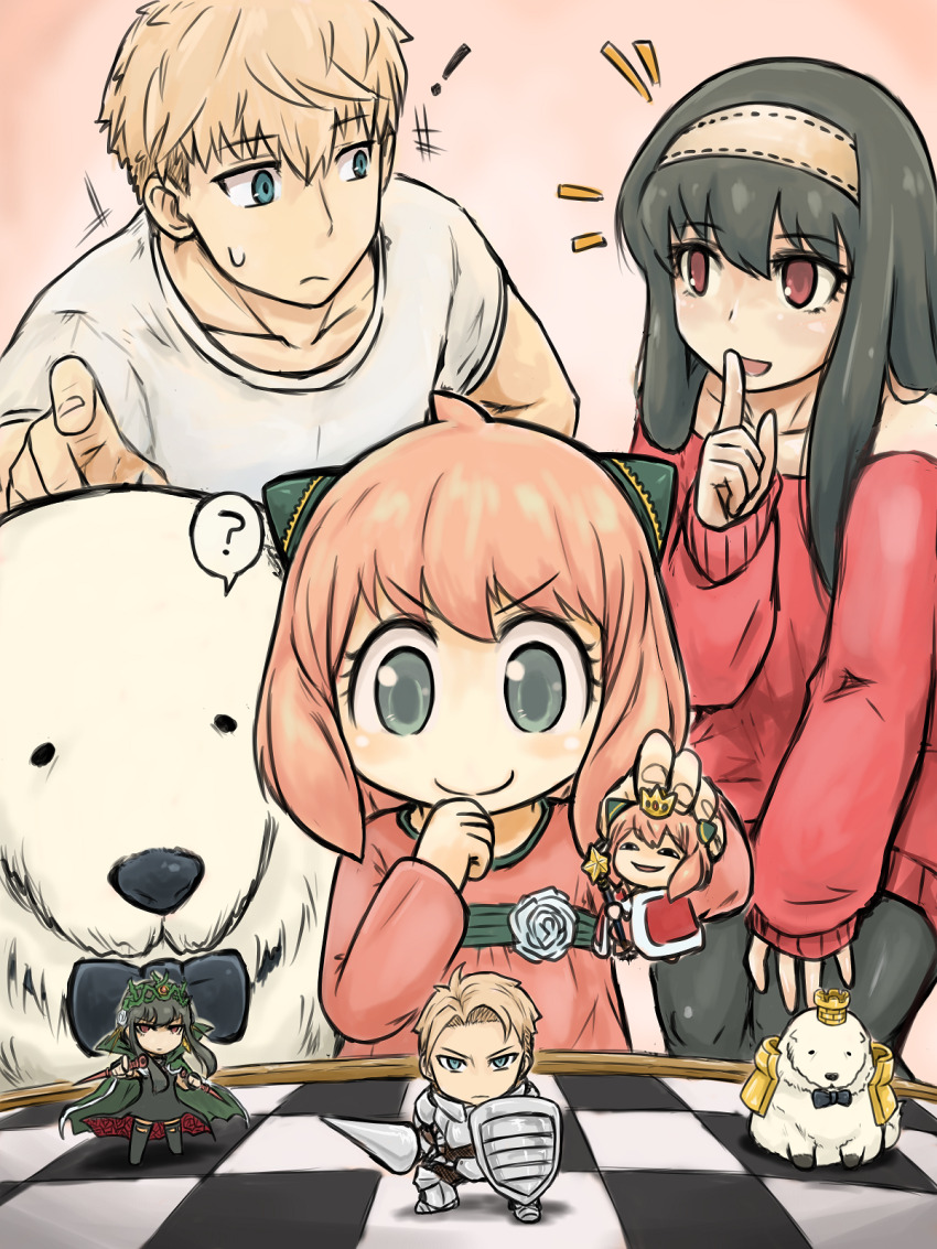 1boy, 2girls, ?, anya's_heh_face_(meme), anya_(spy_x_family), armor, black_bow, black_bowtie