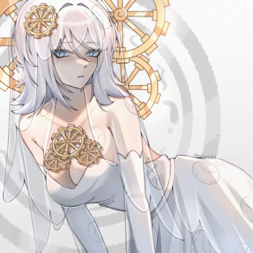 1girl, blue_eyes, blush, breasts, bridal_veil, cleavage, closed_mouth, commentary, dress, e.g.o_(project_moon), english_commentary, everlasting_(e.g.o), faust_(project_moon), gears, hair_between_eyes, highres, large_breasts, limbus_company, looking_at_viewer, medium_hair, miruraisu, print_dress, project_moon, solo, standing, upper_body, veil, wavy_mouth, wedding_dress, white_background, white_hair