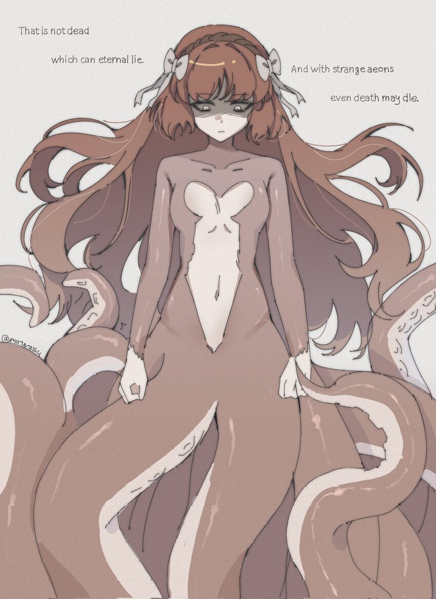 1girl, artist_name, bow, breasts, closed_mouth, collarbone, commentary, english_commentary, english_text, floating_hair, highres, ishmael_(project_moon), limbus_company, medium_breasts, miruraisu, monster_girl, navel, orange_hair, partially_shaded_face, project_moon, solo, tentacles, twitter_username, white_background, white_bow