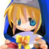 1boy, artist_request, bad_id, blonde_hair, blue_eyes, bow, bridget_(guilty_gear), chest_bow, commentary_request, guilty_gear, guilty_gear_xx, hair_between_eyes, holding, lowres, male_focus, no_nose, open_mouth, purimu_(gamers_channel_99), short_hair, simple_background, solo, trap, upper_body, veil, white_background, yellow_bow, yo-yo