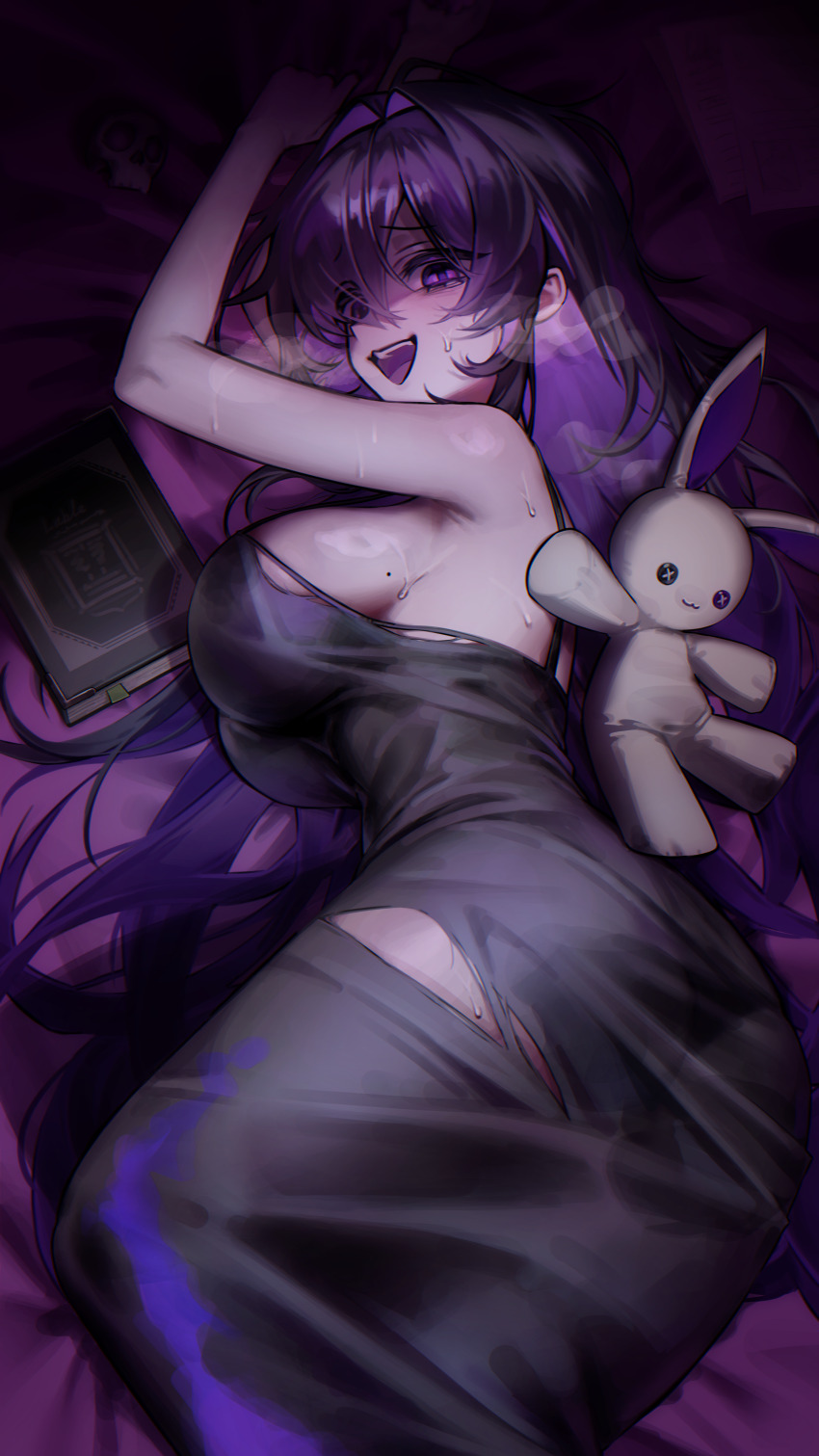 1girl, absurdres, arm_up, bare_shoulders, bed_sheet, black_dress, black_hair, book, breasts, breath, colored_inner_hair, commentary, cowboy_shot, dress, empty_eyes, goddess_of_victory:_nikke, hair_intakes, highres, jiajia_0425, label_(nikke), large_breasts, long_dress, long_hair, looking_at_viewer, looking_to_the_side, lying, mole, mole_on_breast, multicolored_hair, no_eyewear, on_bed, on_side, open_mouth, purple_hair, sideboob, sleeveless, sleeveless_dress, smile, solo, stuffed_animal, stuffed_rabbit, stuffed_toy, sweat, torn_clothes, torn_dress, turning_head, two-tone_hair, variant_set