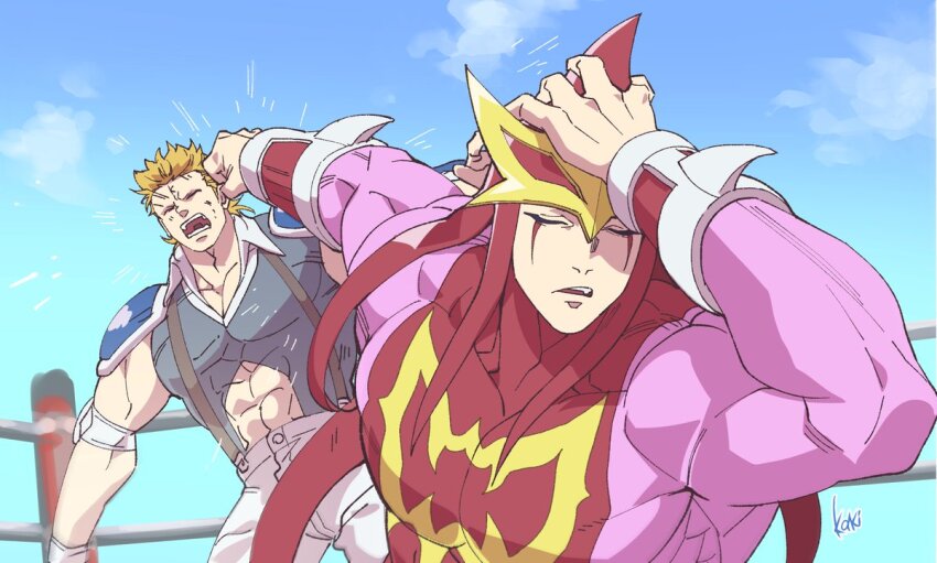 2boys, artist_request, blonde_hair, bodysuit, day, facial_mark, humiliation, jujutsu_kaisen