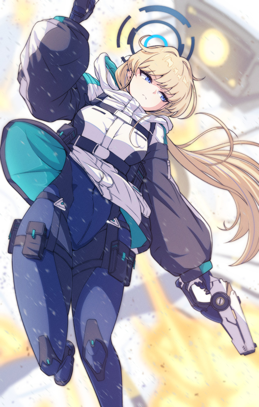 1girl, absurdres, black_gloves, blonde_hair, blue_archive, blue_eyes, breasts, commentary_request