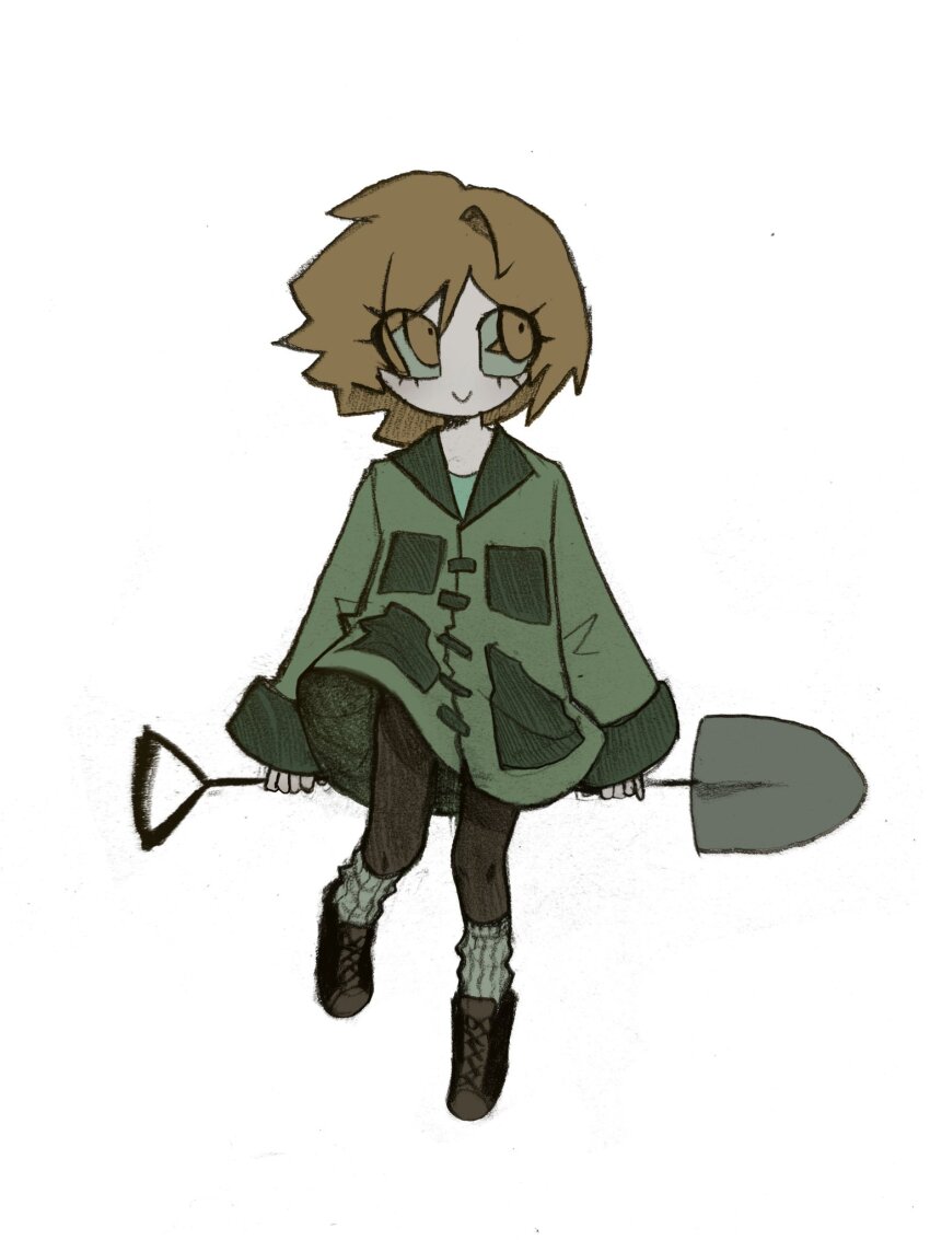 1girl, brown_eyes, brown_hair, coat, commentary_request, esther_freeling, full_body, green_coat, haunted_hotel, highres, holding, holding_shovel, korean_commentary, looking_to_the_side, muted_color, short_hair, shovel, simple_background, smile, solo, ss1um, white_background