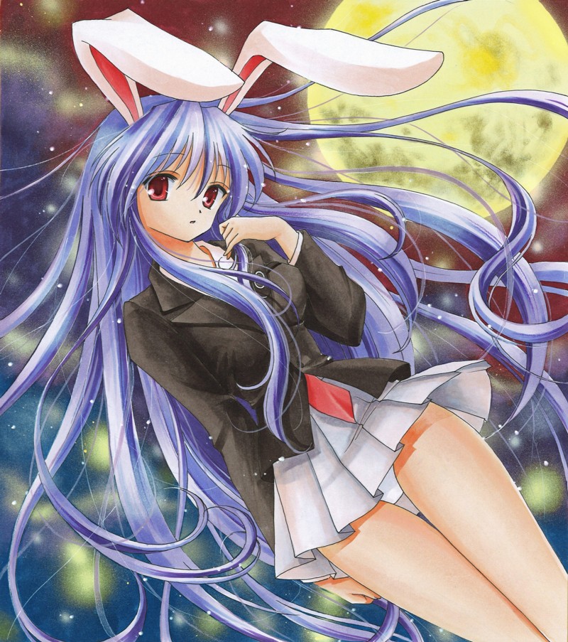 1girl, animal_ears, breasts, rabbit_ears, colored_pencil_(medium), dutch_angle, female_focus, full_moon
