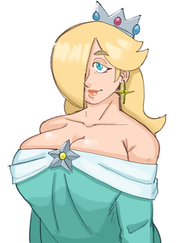 1girl, aqua_dress, bare_shoulders, blonde_hair, blue_eyes, breasts, brooch, cleavage, collarbone, crown, dress, earrings, hair_over_one_eye, jewelry, large_breasts, long_hair, long_sleeves, marellartt, mario_(series), nintendo, off-shoulder_dress, off_shoulder, rosalina, solo, star_(symbol), star_brooch, star_earrings