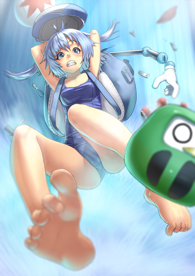 1girl, arms_behind_head, backpack, bag, bare_legs, barefoot, blue_eyes, blue_hair