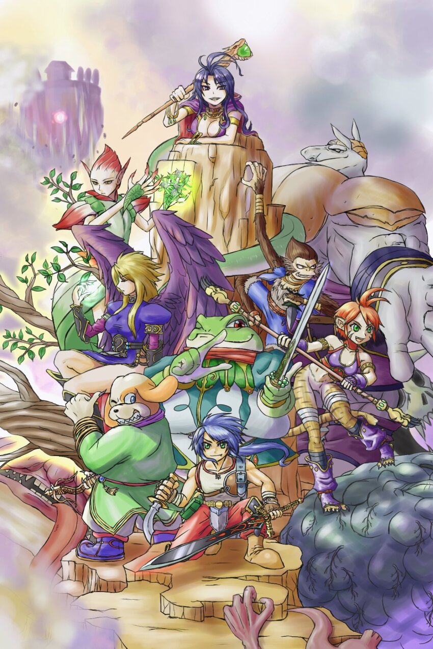 blonde_hair, boots, bow_(breath_of_fire), breasts, breath_of_fire, breath_of_fire_ii, cleavage, commentary_request, deis, dress, enosouko, feathered_wings, highres, holding, holding_sword, holding_weapon, jean_(breath_of_fire), katt_(breath_of_fire), large_breasts, long_hair, looking_at_viewer, monster, multiple_boys, multiple_girls, nina_(breath_of_fire_ii), open_mouth, purple_wings, rand_(breath_of_fire), ryu_(breath_of_fire_ii), short_hair, side_slit, smile, spar, sten_(breath_of_fire), sword, weapon, wings