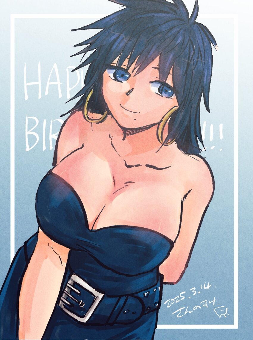 1girl, arc_the_lad, arc_the_lad_ii, bare_shoulders, belt, blue_hair, breasts, cleavage, closed_mouth, commentary_request, dated, dress, highres, jewelry, large_breasts, long_hair, looking_at_viewer, mole, mole_under_mouth, sannosuke, shante_(arc_the_lad), smile, solo