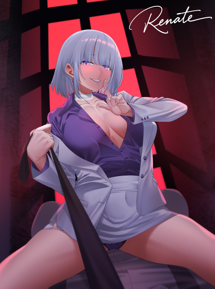 1boy, 1girl, bandaged_neck, bandages, breasts, business_suit, cleavage, clothes_grab