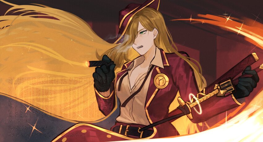 1girl, belt, black_gloves, breasts, brown_hair, brown_shirt, cigar, commentary