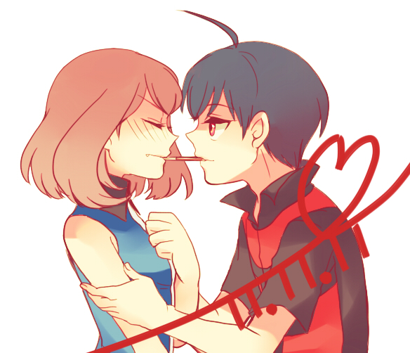 1boy, 1girl, ahoge, arm_grab, bad_id, bad_pixiv_id, black_hair, blush